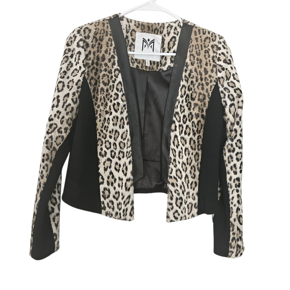 Milly Sidney Leopard Print Faux Fur Cropped Jacket With Lamb Leather Size 2